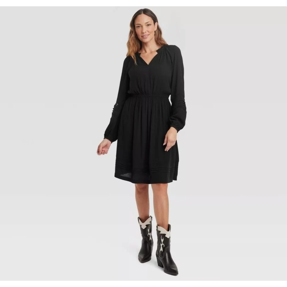Knox Rose Long Sleeve Lace Dress Womens Small  Elastic Waist Pockets Black